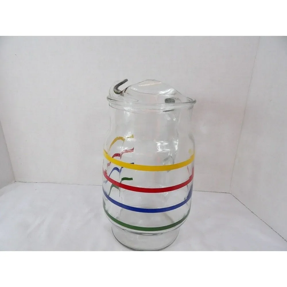 Pitcher Anchor Hocking Fiesta Glass Ice Lip Rainbow Colors Stripe 72 Oz Tea